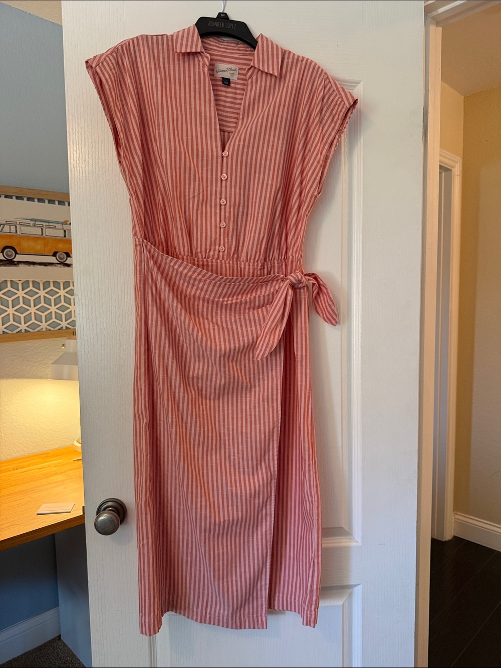 Universal Thread Pink & White Striped Button-Front Midi Dress with Tie